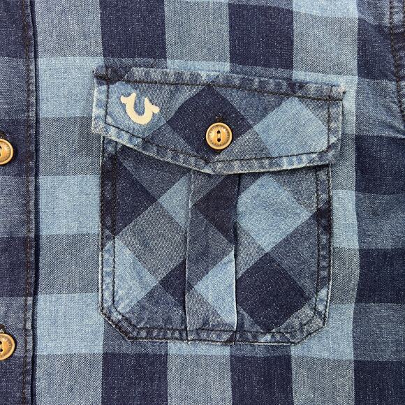 True Religion Shirt Men M Medium Blue Plaid Long Sleeve Collared Pockets Utility - Picture 5 of 13